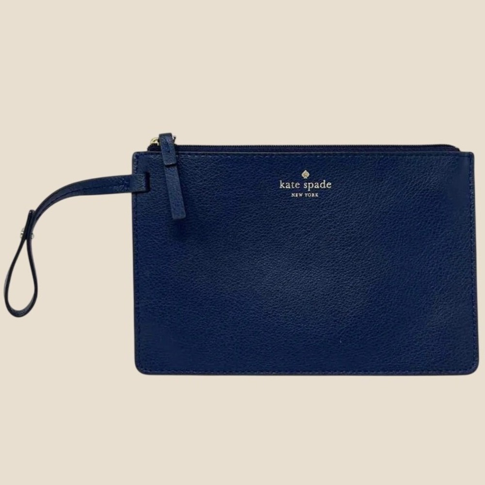 kate spade navy leather zip wristlet with gold logo